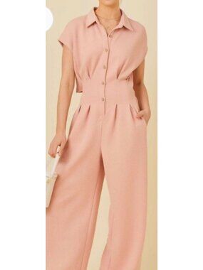 NWOT Mainstrip Peach Waffle Knit Wide Leg Pockets Open Back Button Jumpsuit L